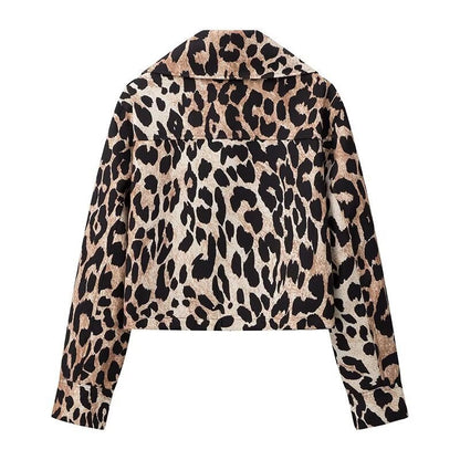 Damen Leopardenjacke Kurz Urban Stil mit Taschen