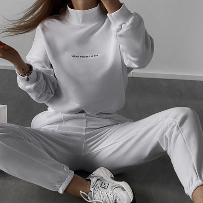 Damen Sportliches Sweatshirt Jogginghose Set Hochkragen Weites Design