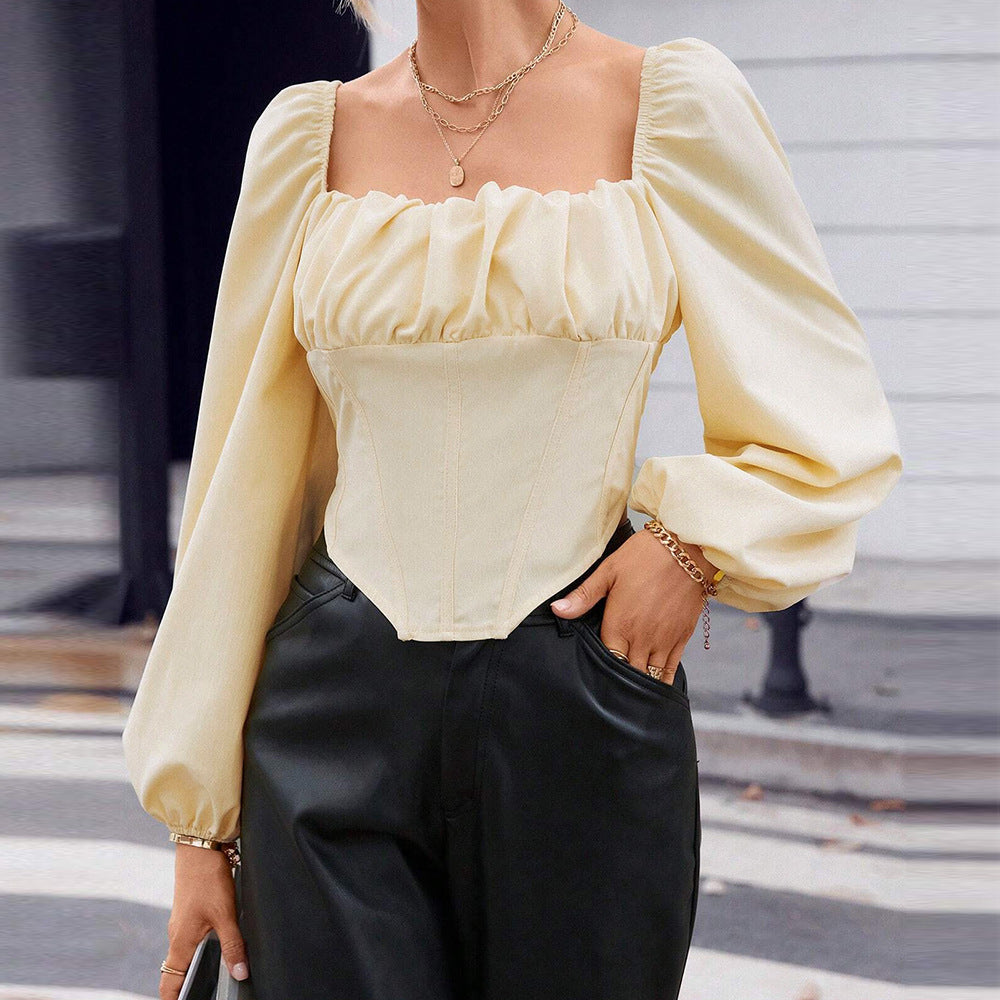 Damen Spitzenbluse Puffärmel Tailliert Weiß