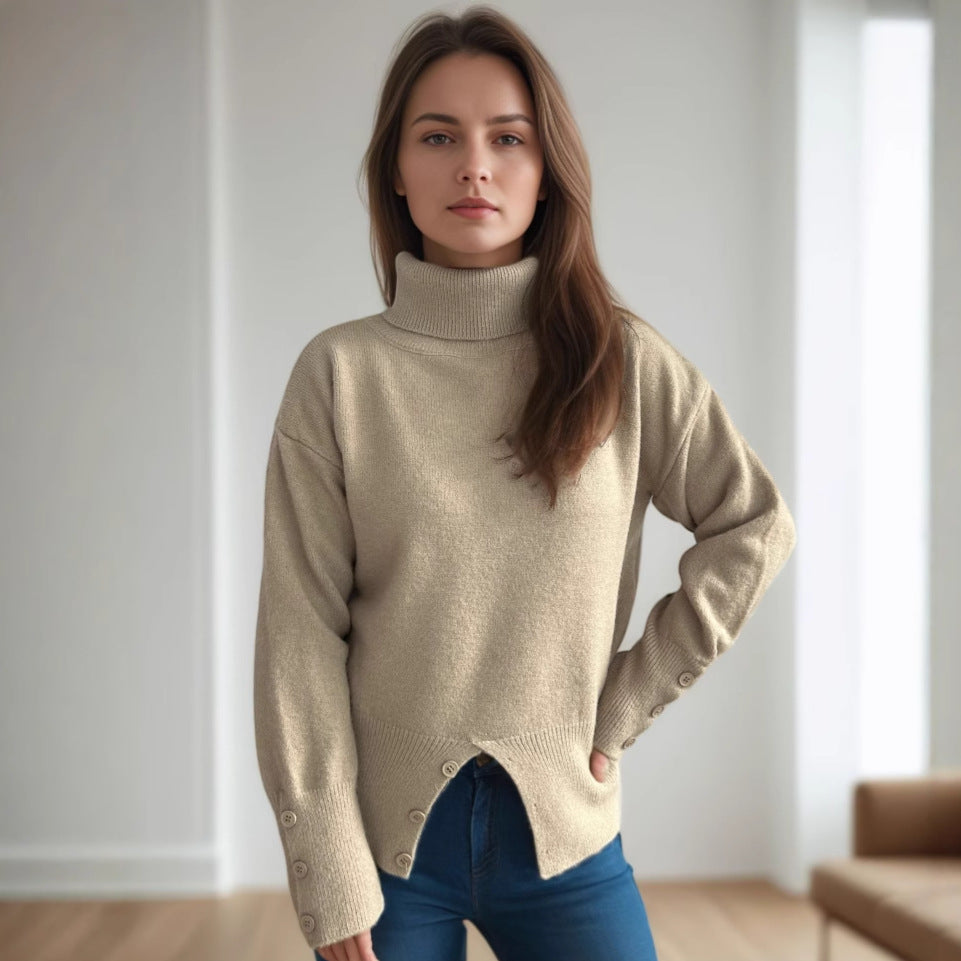 Damen Rollkragenpullover Knopfdetails Eveloria