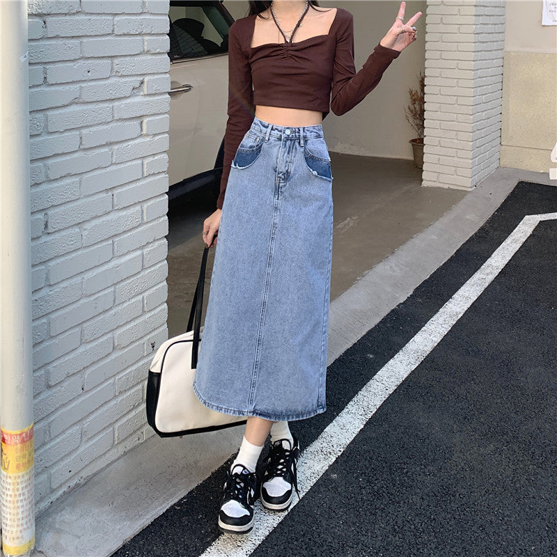 Damen Maxi Denimrock Hochtaillierter Bund Seitenschlitz Blau