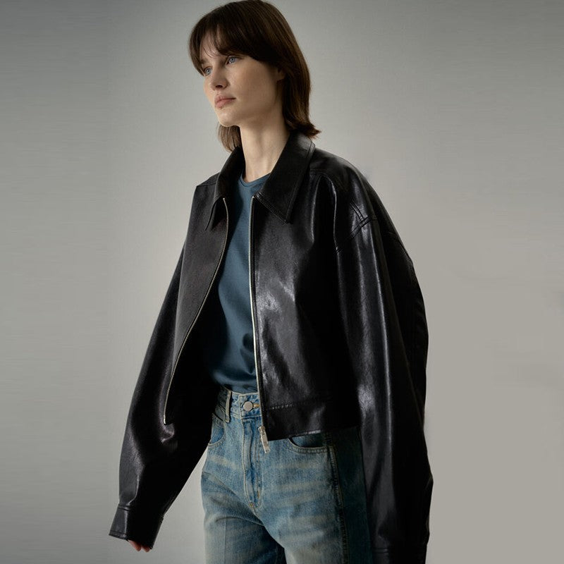 Damen Lederjacke Weit Schnitt Moderner Kragen Eveloria