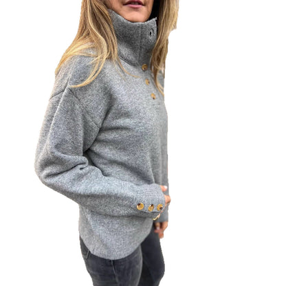 Damen Pullover Hohler Kragen Dekorative Knöpfe Eveloria