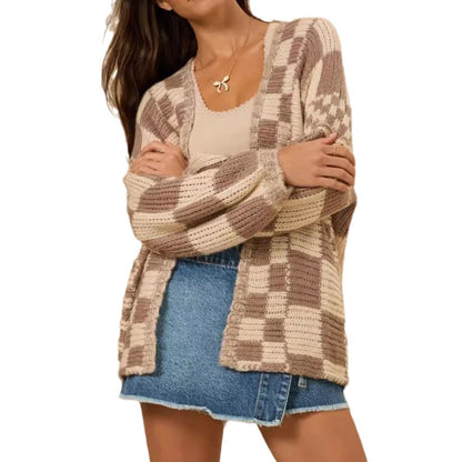 Damen Strickjacke Karomuster Weite Ärmel Beige Eveloria