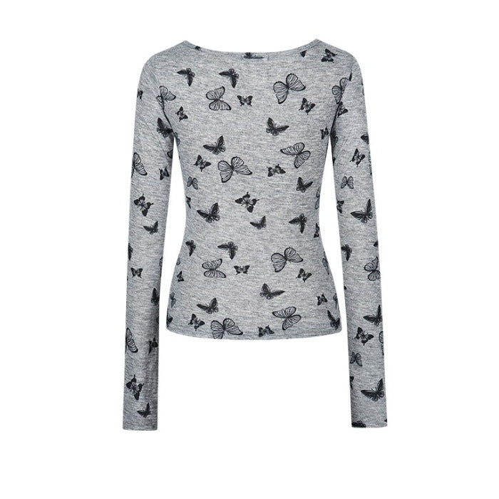 Damen Langarmshirt Feines Schmetterlingsmuster Eveloria