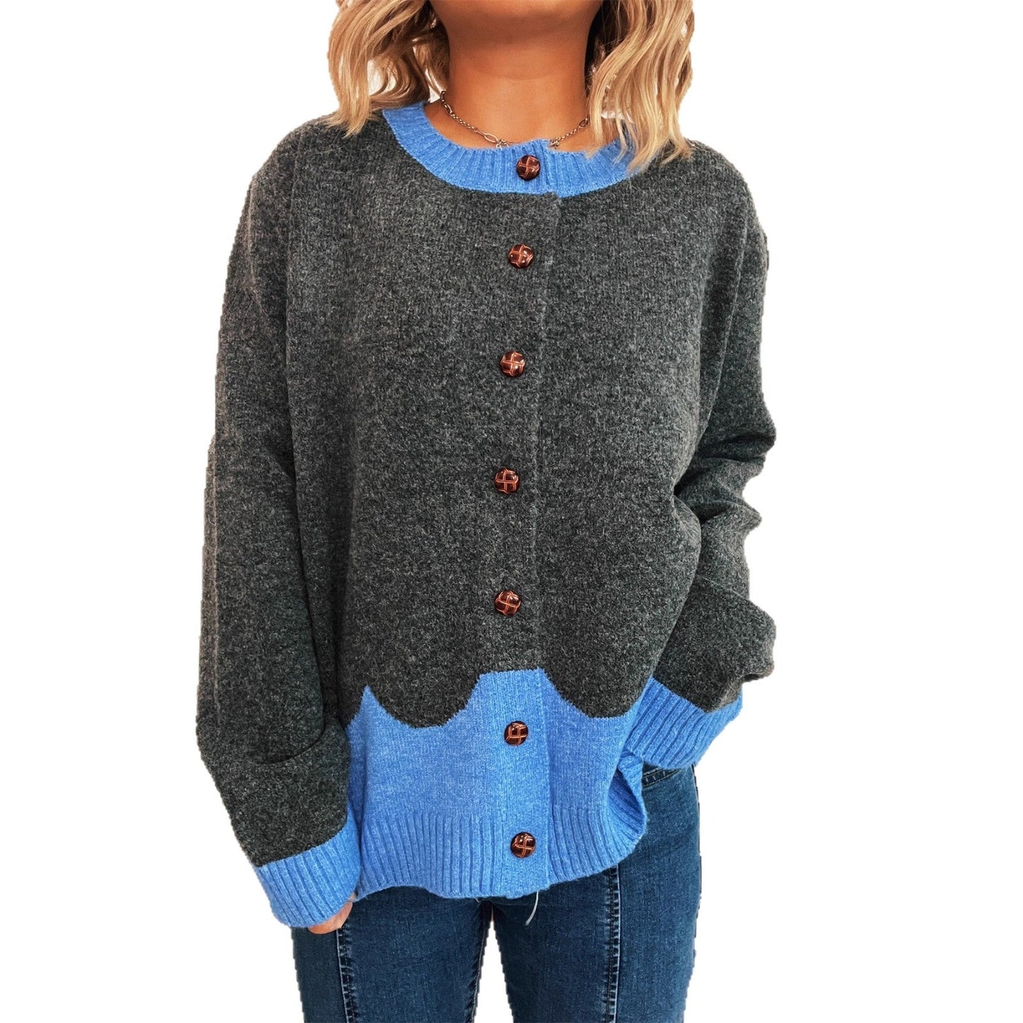 Damen Strickjacke Kuschelig Kontrastbündchen Knöpfe