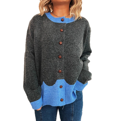 Damen Strickjacke Kuschelig Kontrastbündchen Knöpfe