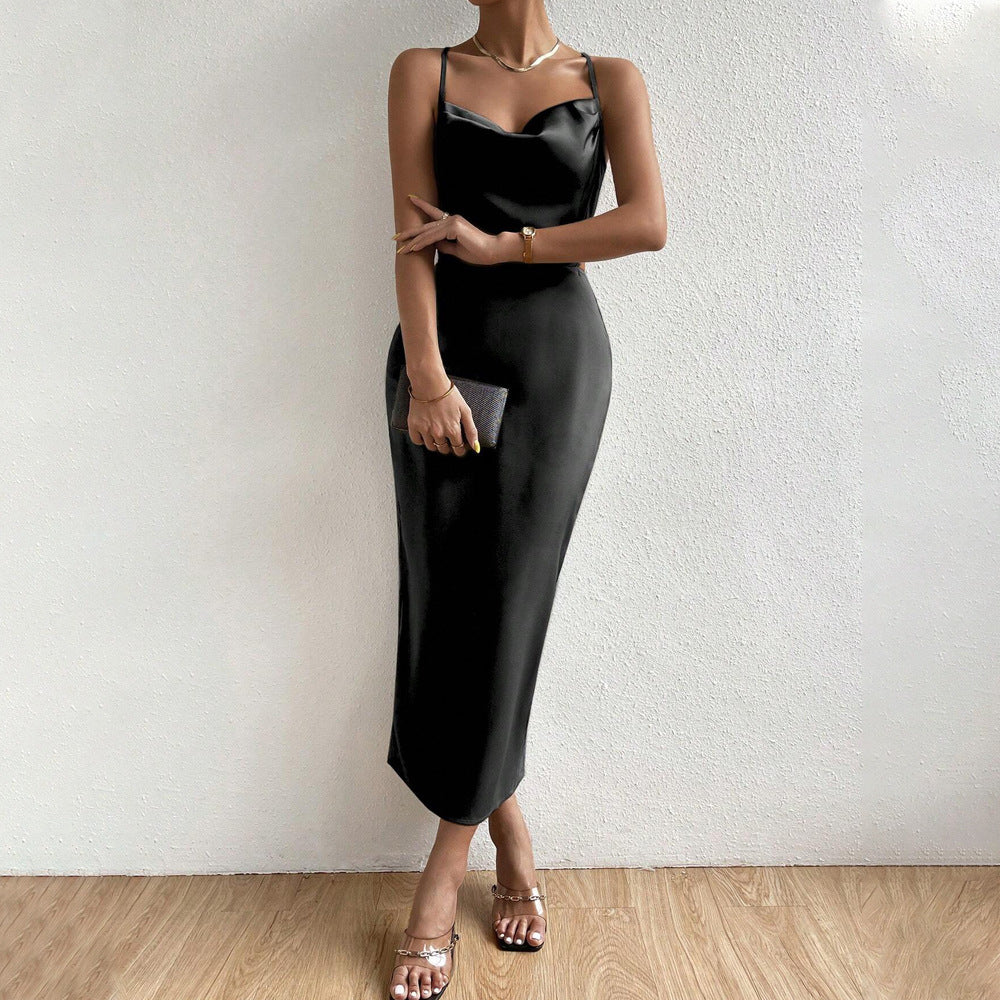 Damen Satin Maxikleid V-Ausschnitt Feine Träger Eveloria