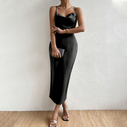 Damen Satin Maxikleid V-Ausschnitt Feine Träger Eveloria