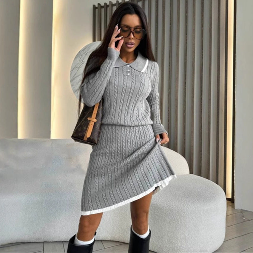 Damen Strickkleid Polo-Kragen Zopfmuster Oberfläche Eveloria - Eveloria