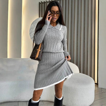 Damen Strickkleid Polo-Kragen Zopfmuster Oberfläche Eveloria - Eveloria