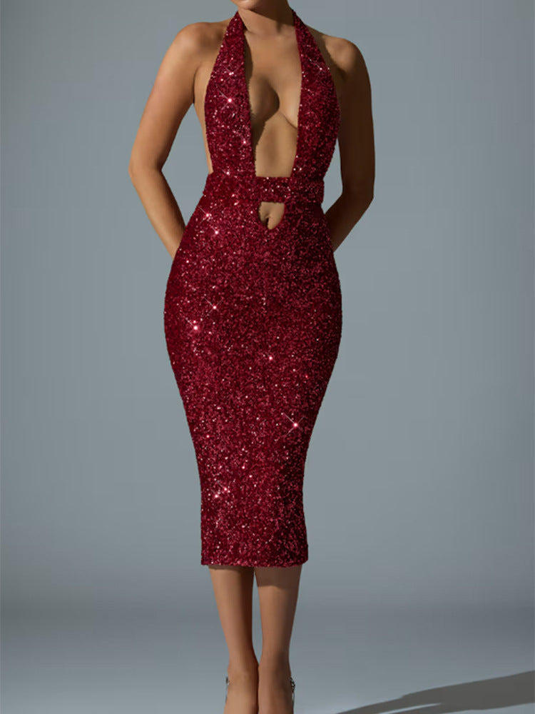 Damen Pailletten-Midi-Kleid V-Ausschnitt Figurbetonter Silhouette
