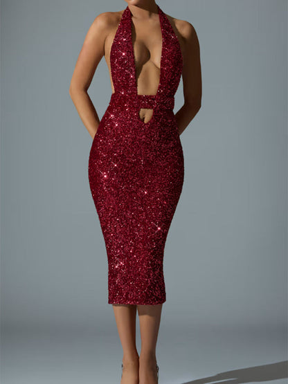 Damen Pailletten-Midi-Kleid V-Ausschnitt Figurbetonter Silhouette