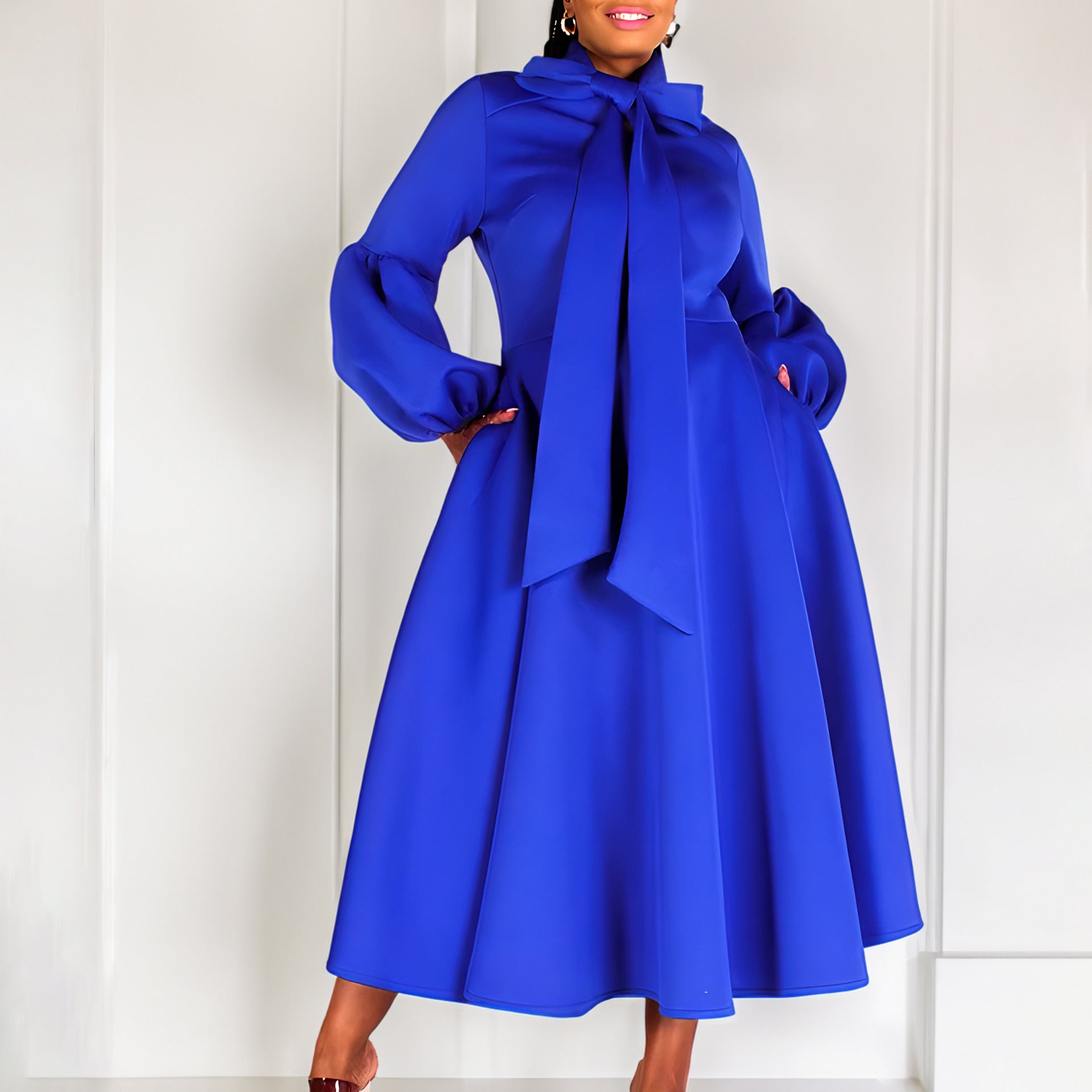 Damen Midi-Kleid Länge Knie, lange Puffärmel, elegante Schleife - Eveloria