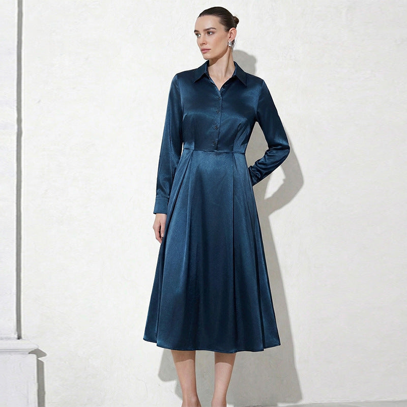Damen Hemdblusenkleid Mittellänge Seide Glanz Eveloria