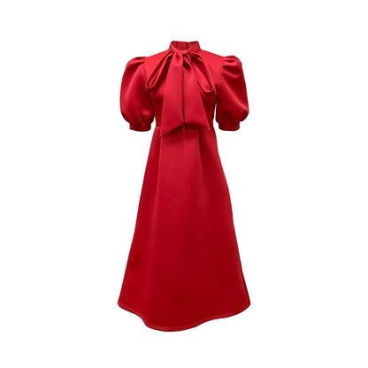 Damen Elegantes Midi-Kleid Puffärmel Bindegürtel Eveloria