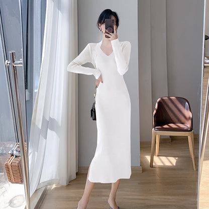 Damen Strickkleid V-Ausschnitt Seitenschlitze Eveloria