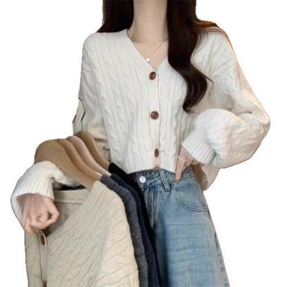 Damen Grobstrick-Cardigan Knöpfe V-Ausschnitt Beige