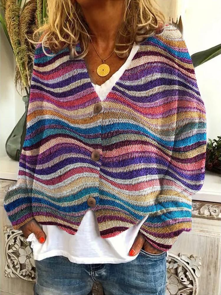 Damen Strickcardigan Bunt Streifen Knöpfe