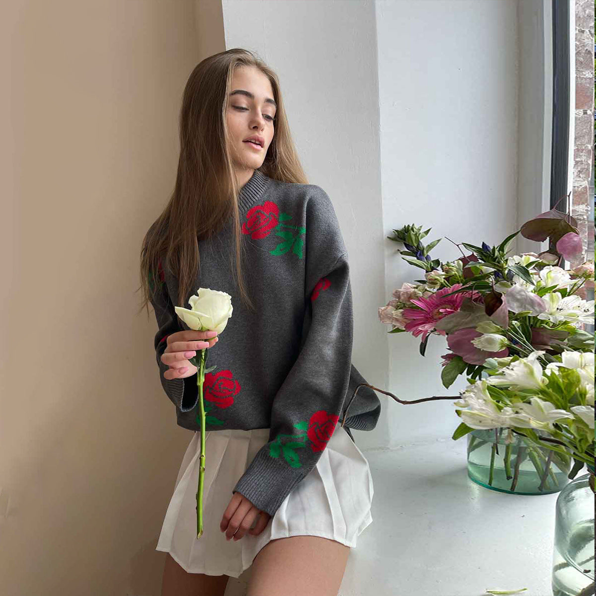 Damen Strickpullover Florales Design Lockere Passform