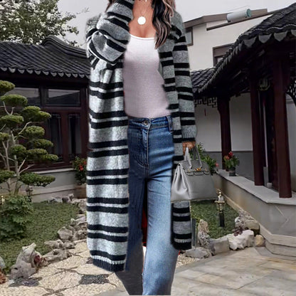 Damen Cardigan Grobstrick Breite Streifen Lässiger Schnitt Beige