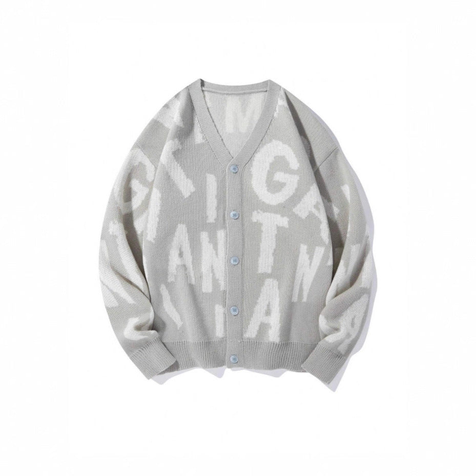 Damen Strickjacke V-Ausschnitt mit Schriftmuster Anthrazit - Eveloria