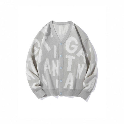Damen Strickjacke V-Ausschnitt mit Schriftmuster Anthrazit - Eveloria