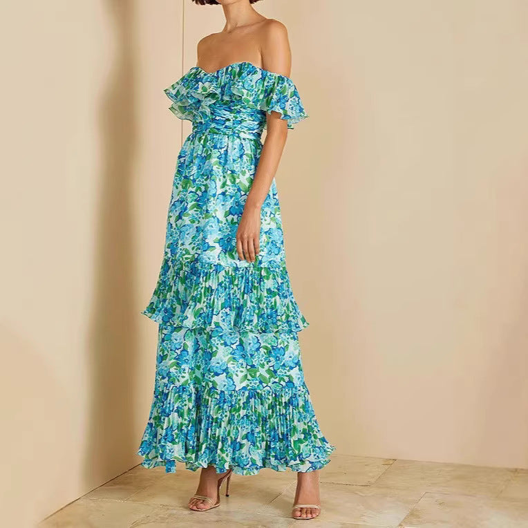 Damen Maxi-Kleid Voluminöse Rüschen Florales Design - Eveloria