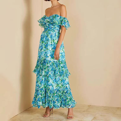Damen Maxi-Kleid Voluminöse Rüschen Florales Design - Eveloria
