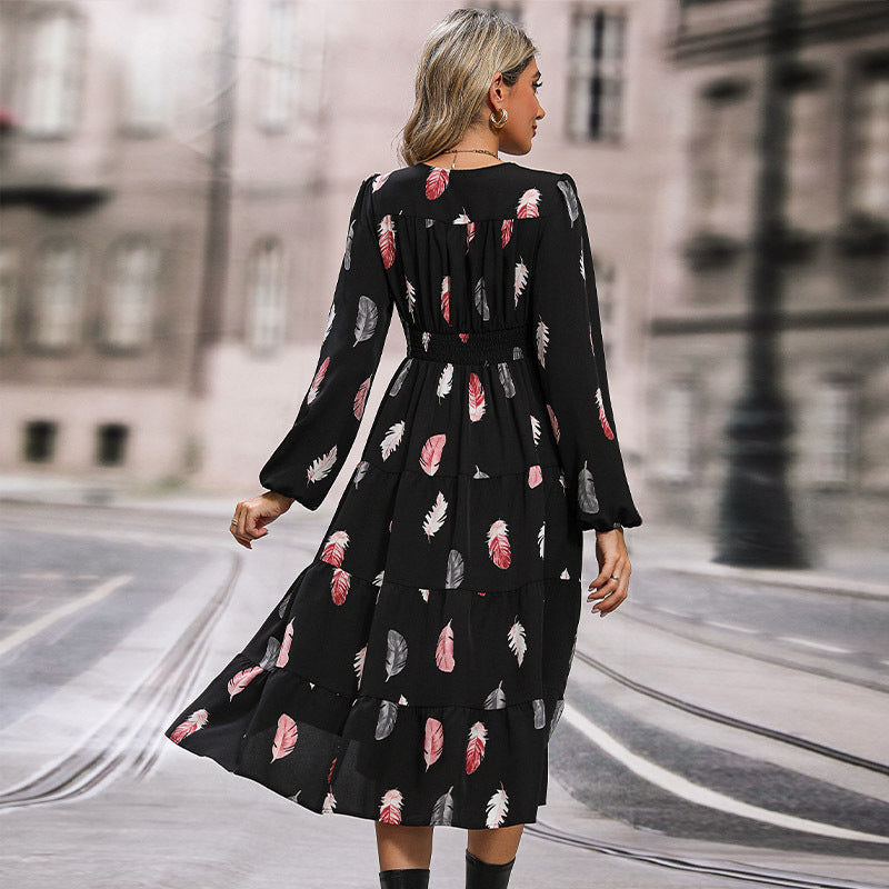 Damen Maxikleid Langarm Tropisches Federdesign Knöpfe