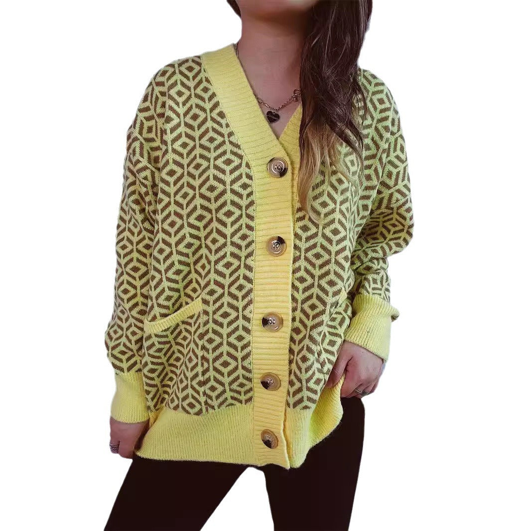 Damen Strickjacke geometrisches Muster Goldton