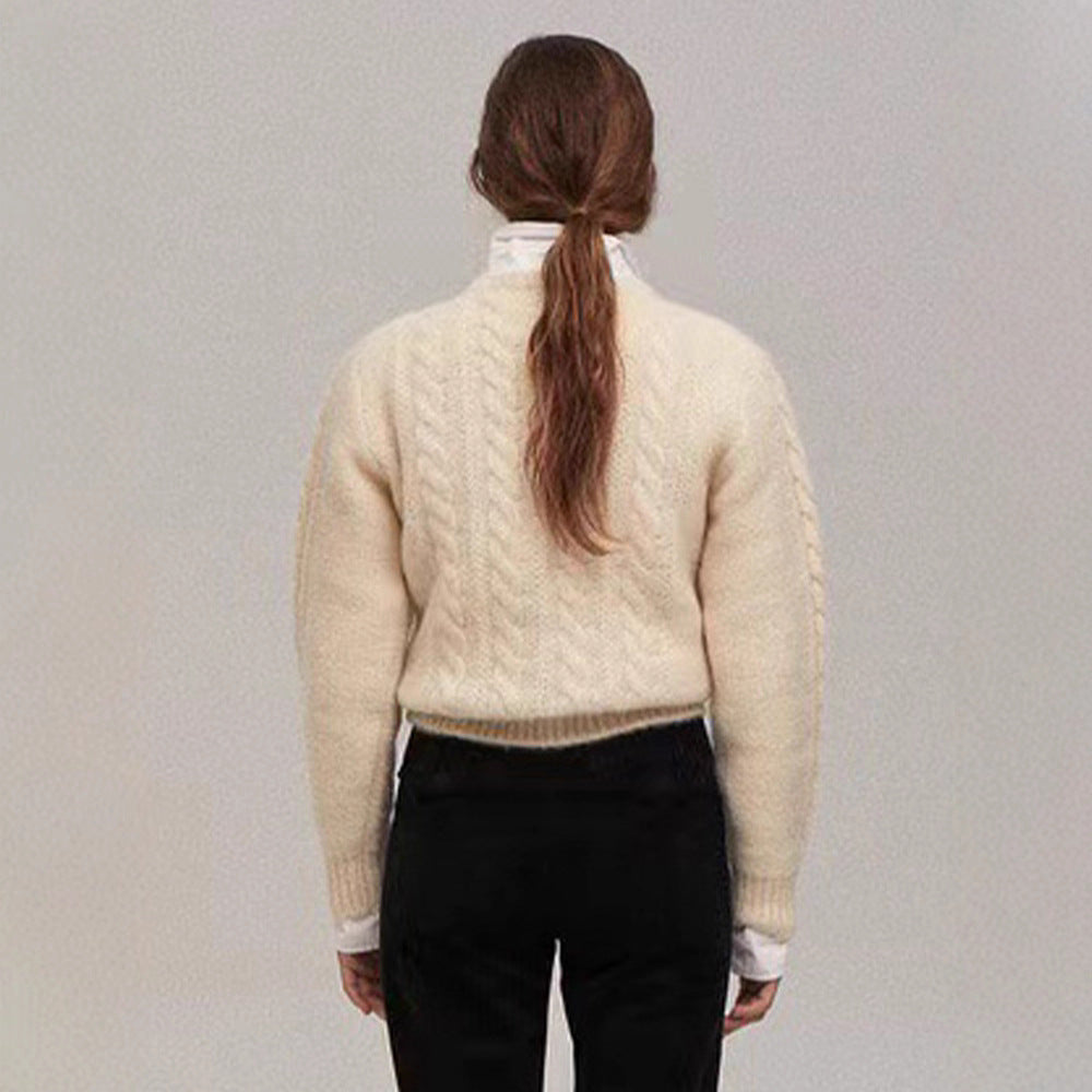 Damen Strickpullover Zopfmuster Kuschelfleece Beige
