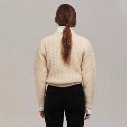 Damen Strickpullover Zopfmuster Kuschelfleece Beige