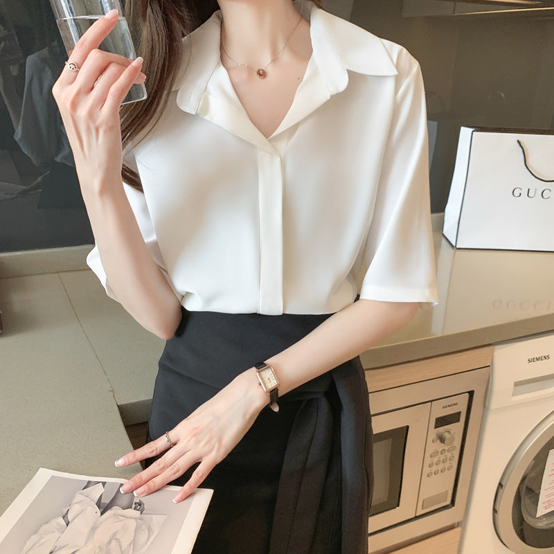 Damen Bluse Moderner Kragen Kurzärmelig Weiß