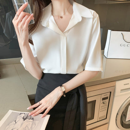 Damen Bluse Moderner Kragen Kurzärmelig Weiß