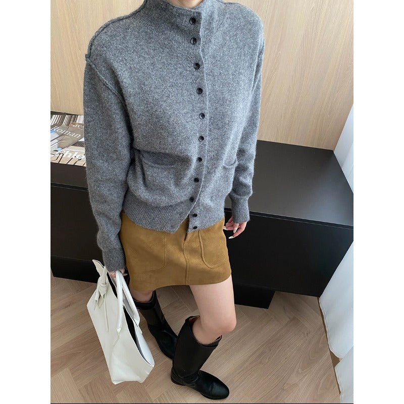 Damen Strickjacke Kuschelig Mit Taschen Knopfverschluss Beige - Eveloria
