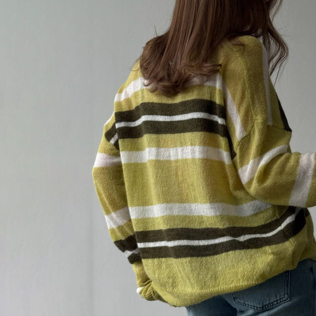 Damen Pullover Grob gestrickt Polo-Kragen Blockstreifen