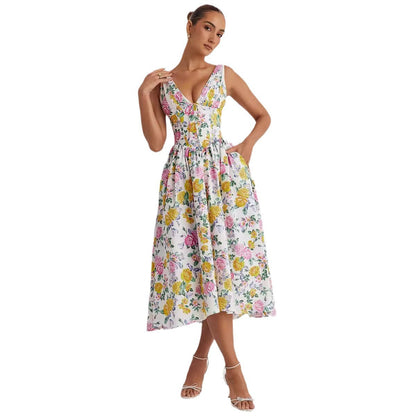 Damen Midikleid Floralmuster V-Ausschnitt Eveloria