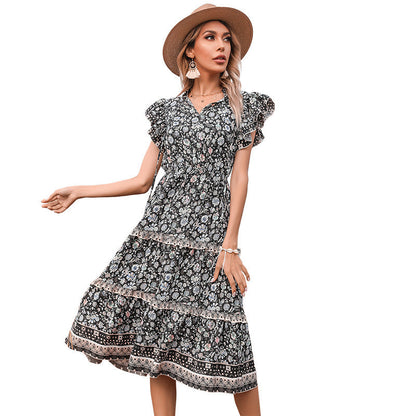 Damen Sommerkleid Rüschendetails Floralmuster Eveloria