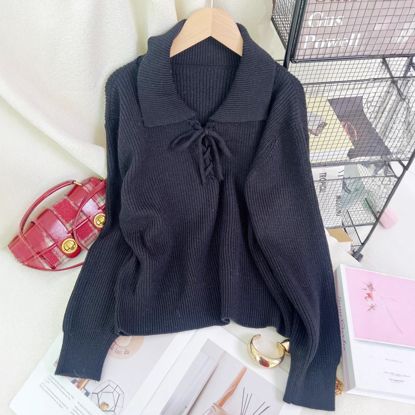 Damen Pullover Polokragen Kordelzug Grau Eveloria