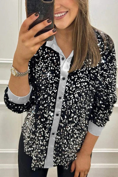 Damen Paillettenbluse Klassischer Kragen Glitzer Effekt
