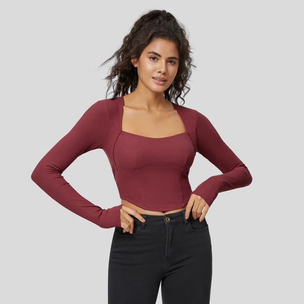 Damen Langarm Crop Rippmaterial Quadrat-Ausschnitt Schwarz Eveloria - Eveloria