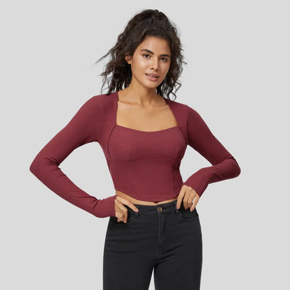 Damen Langarm Crop Rippmaterial Quadrat-Ausschnitt Schwarz Eveloria - Eveloria