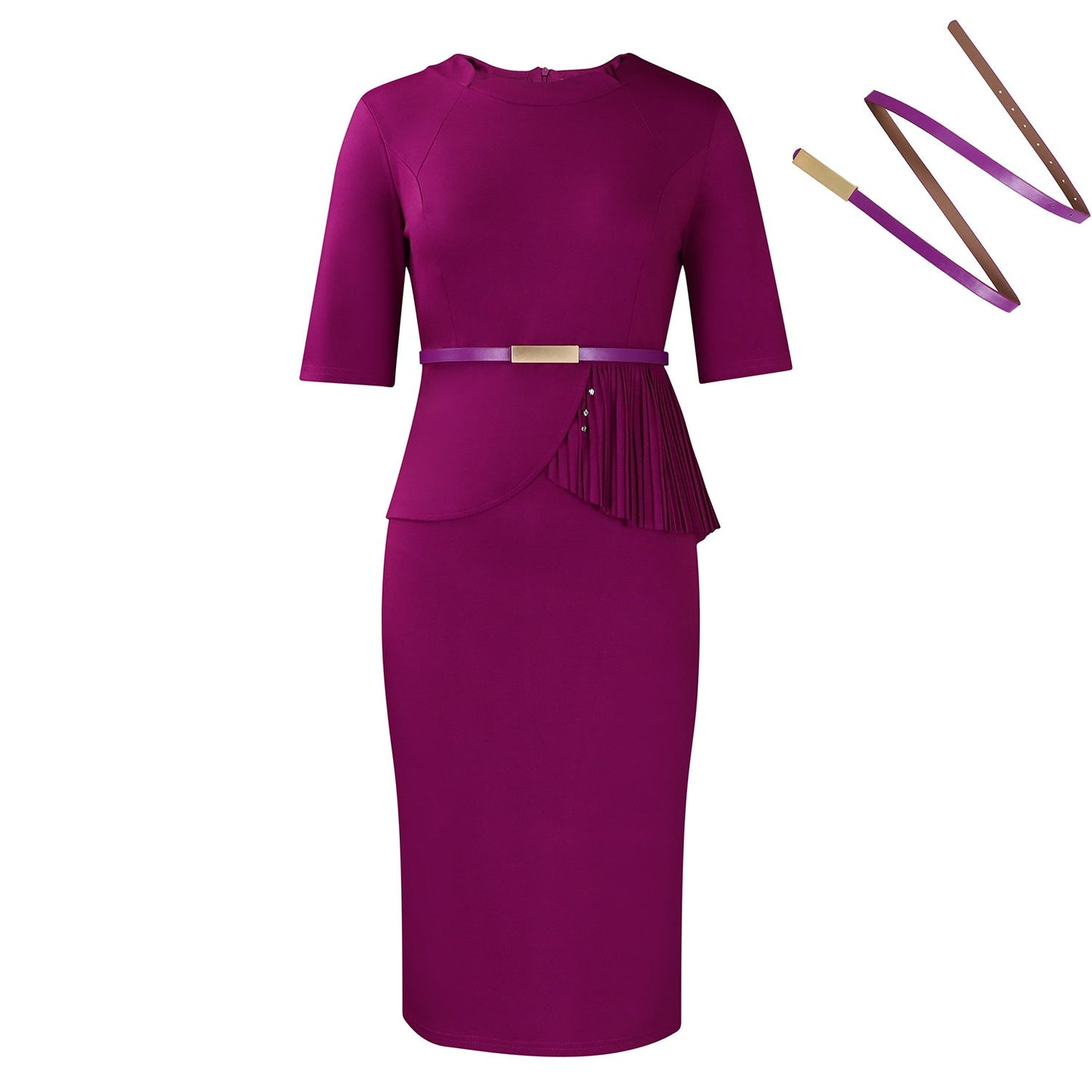 Damen Midi-Kleid Drapierung Vorderseite Abnehmbarer Gürtel Eveloria