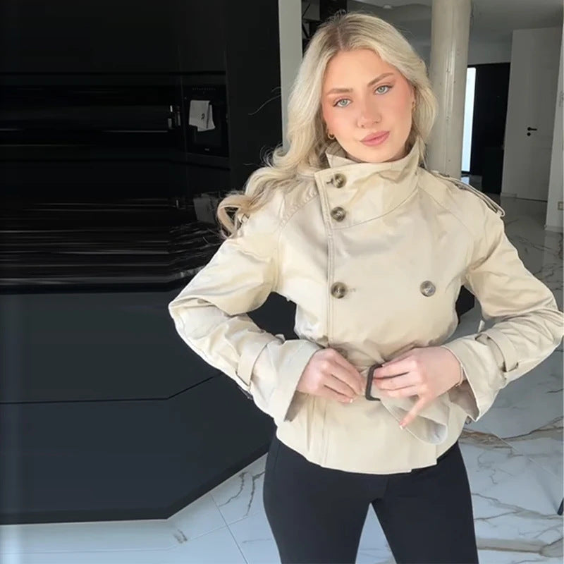 Damen Trenchjacke Kurz Modisch Doppelter Knopf Eveloria