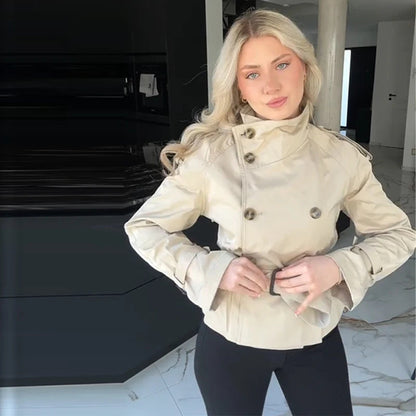 Damen Trenchjacke Kurz Modisch Doppelter Knopf Eveloria
