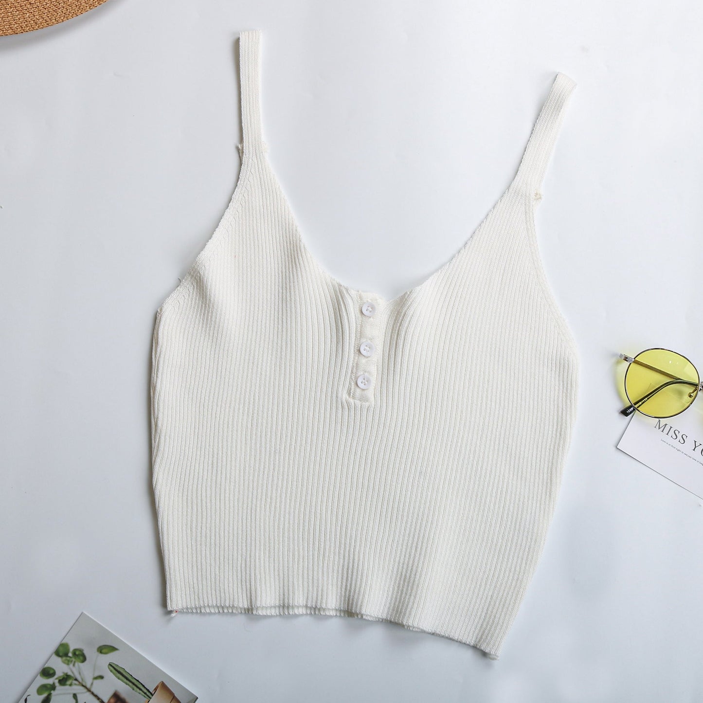 Damen Rippstricktop Ärmellos mit Knopfleiste Dezent Eveloria