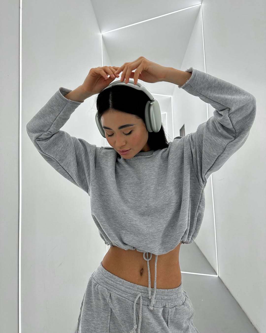 Damen Cropped Sweatpullover Elastischer Bund Beige