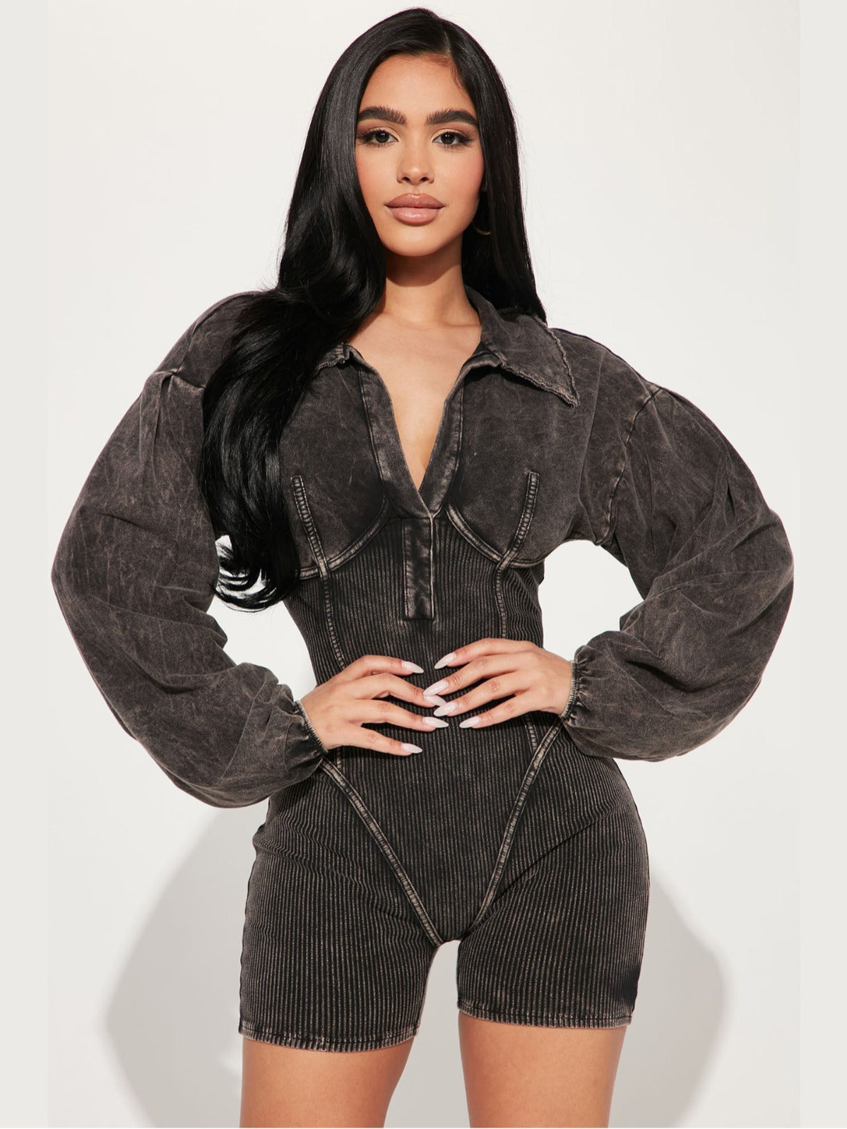Damen Jumpsuit Puffärmel Rippstruktur Eveloria