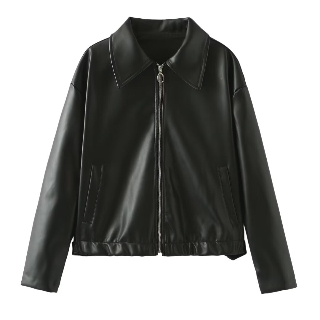 Damen Kunstlederjacke Stylischer Kragen Eveloria